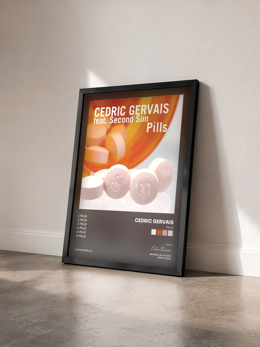 #noir Tableau de l'album Pills de Cedric Gervais vu de trois quarts, cadre noir