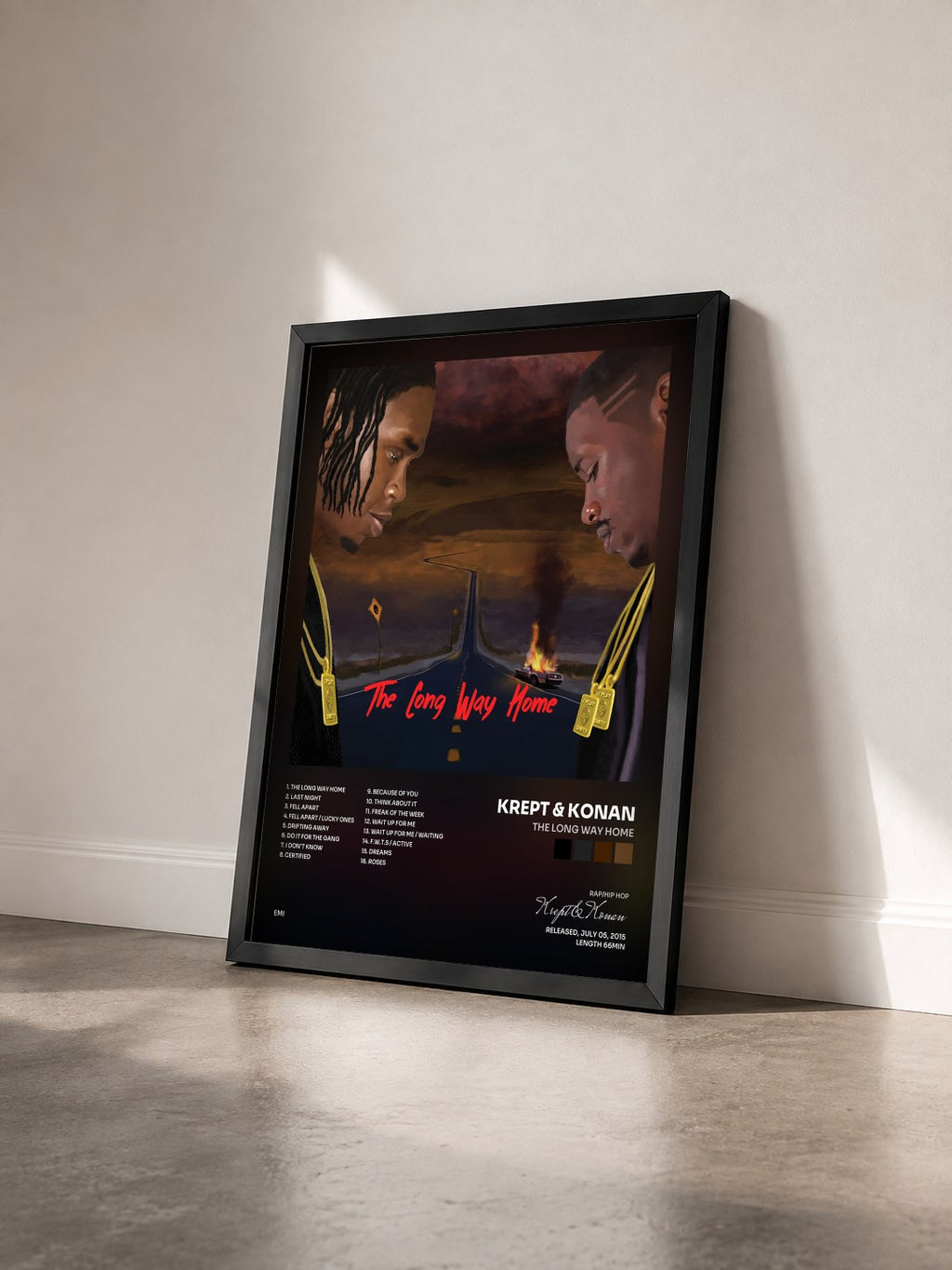 #noir Tableau de l'album The Long Way Home de Krept & Konan vu de trois quarts, cadre noir
