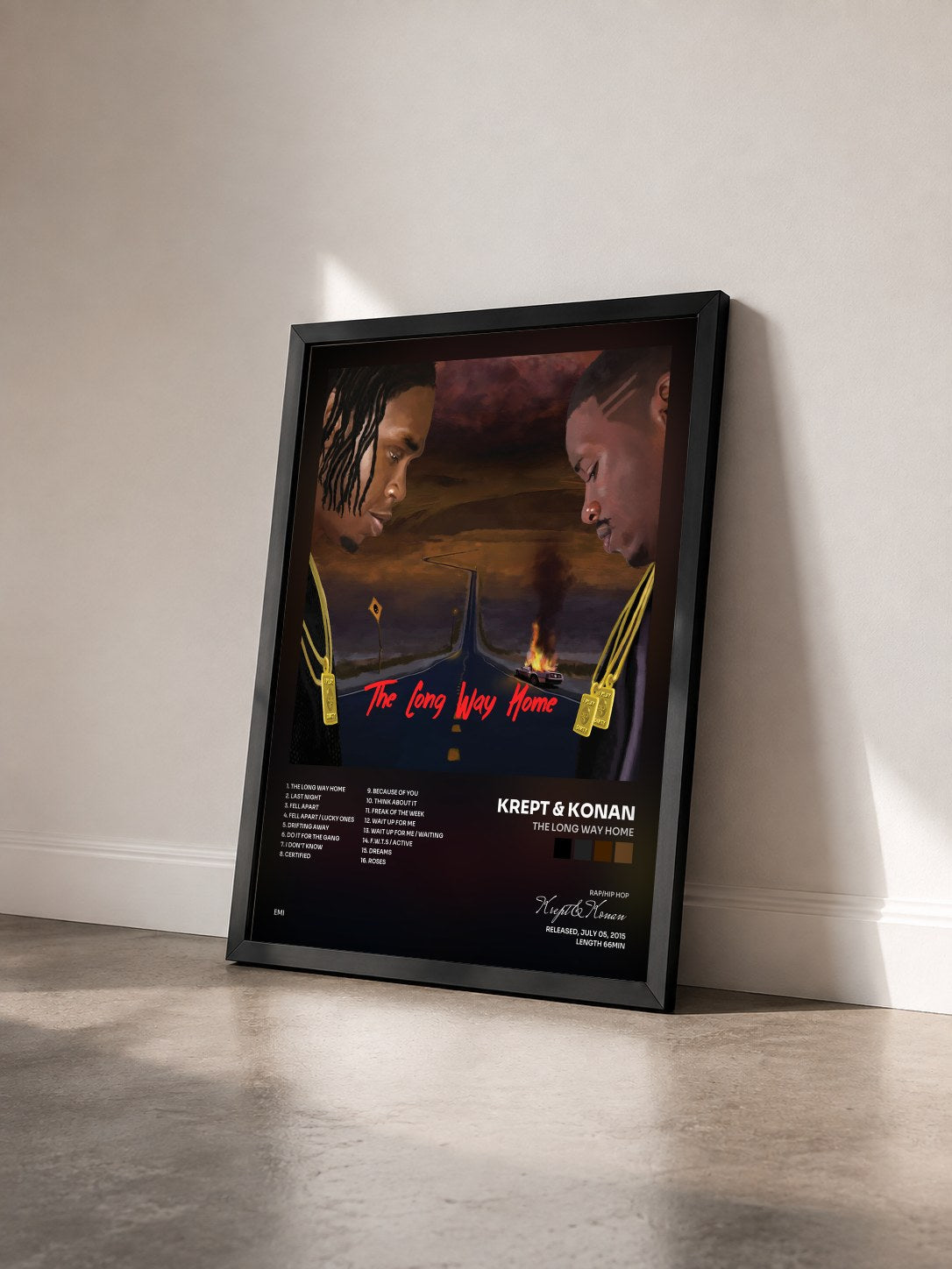 #noir Tableau de l'album The Long Way Home de Krept & Konan vu de trois quarts, cadre noir