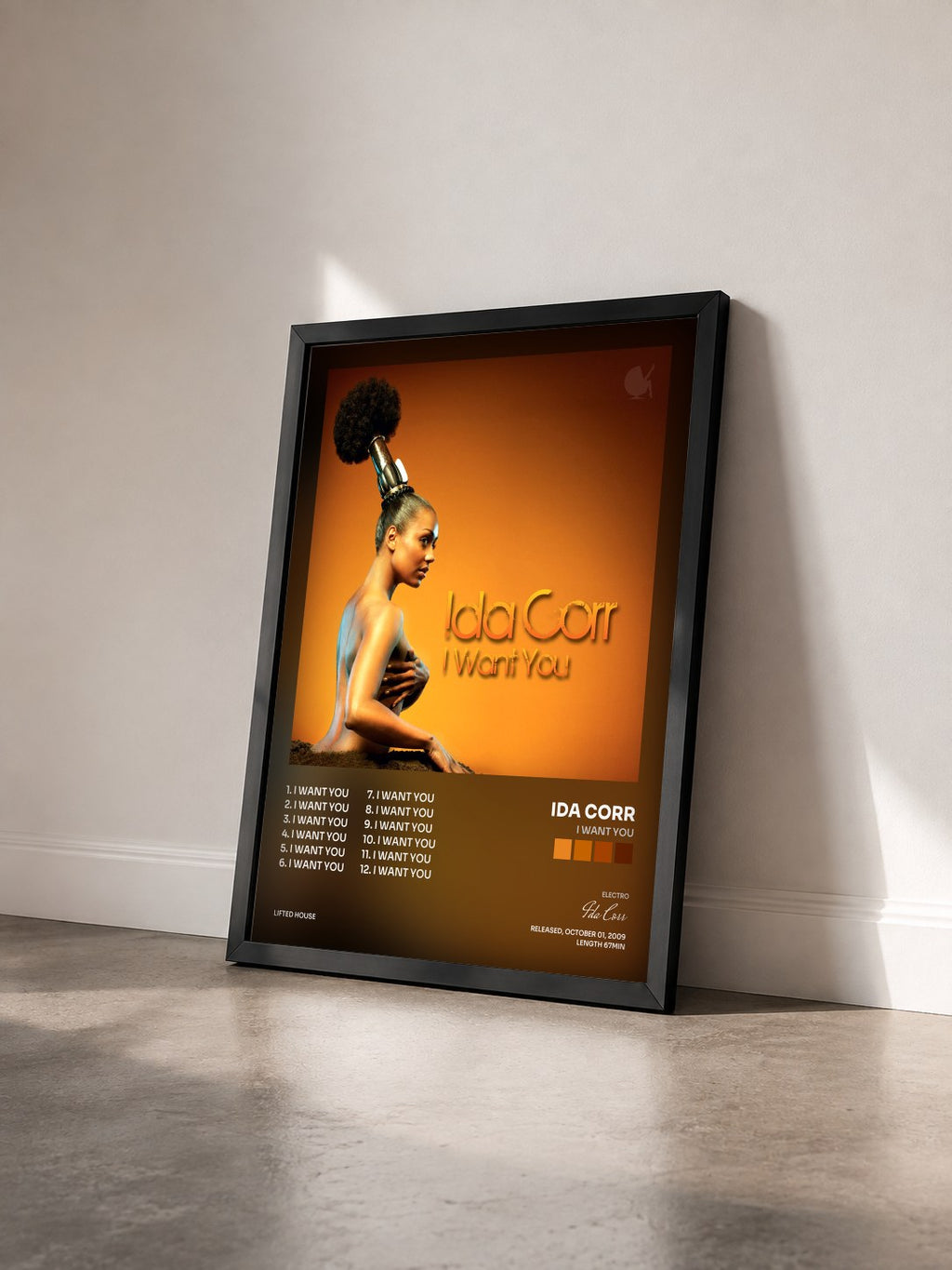 #noir Tableau de l'album I Want You de Ida Corr vu de trois quarts, cadre noir