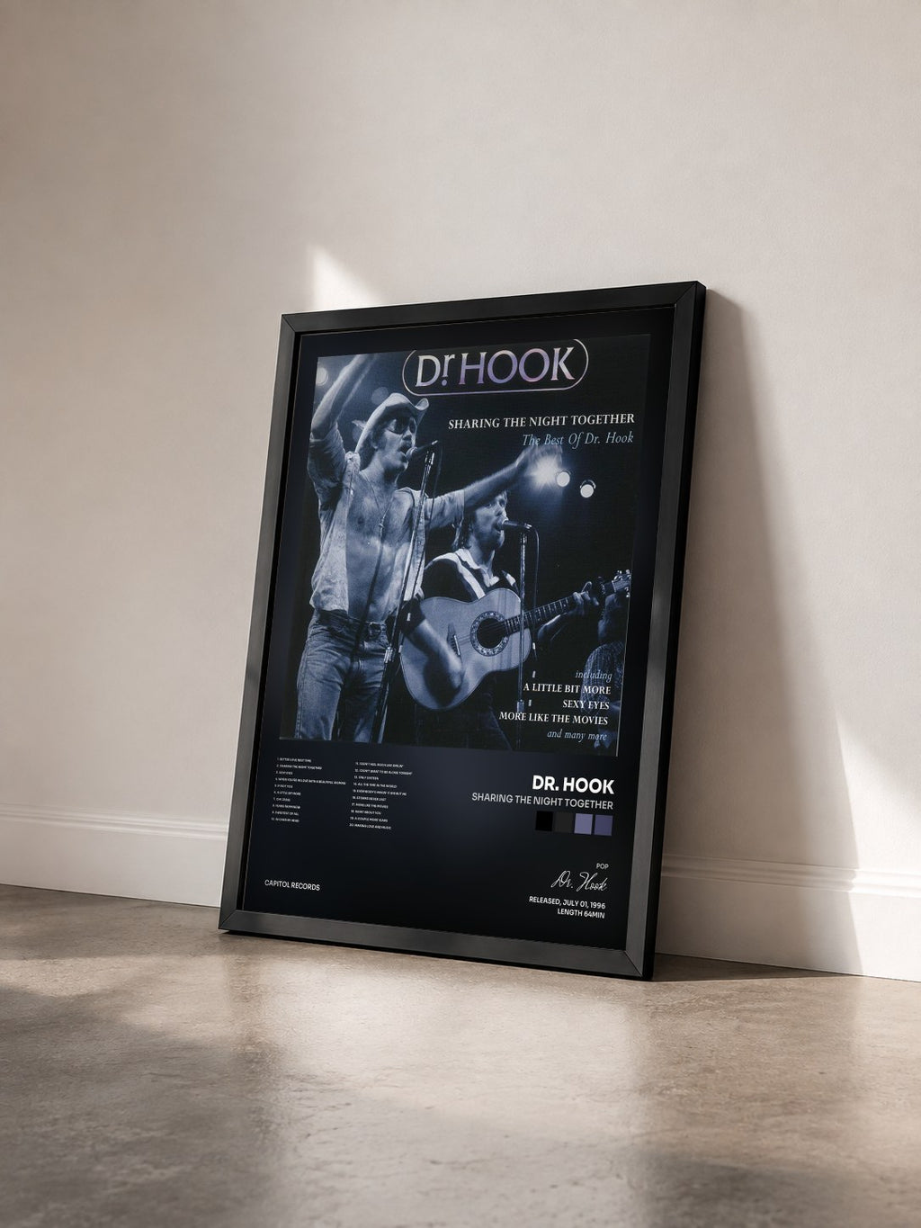 #noir Tableau de l'album Sharing The Night Together de Dr. Hook vu de trois quarts, cadre noir