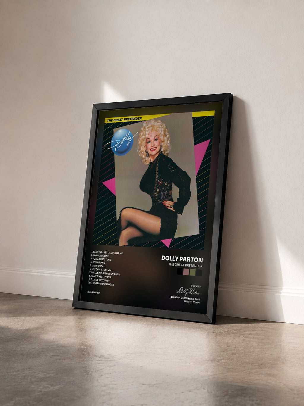 #noir Tableau de l'album The Great Pretender de Dolly Parton vu de trois quarts, cadre noir