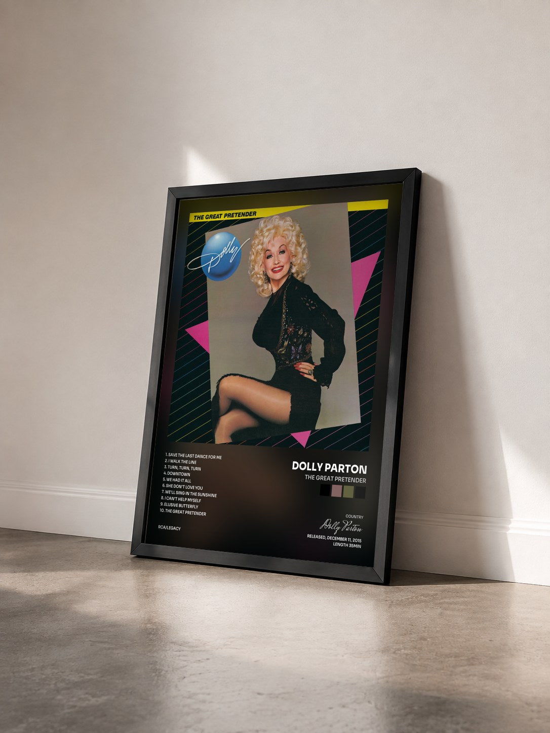 #noir Tableau de l'album The Great Pretender de Dolly Parton vu de trois quarts, cadre noir