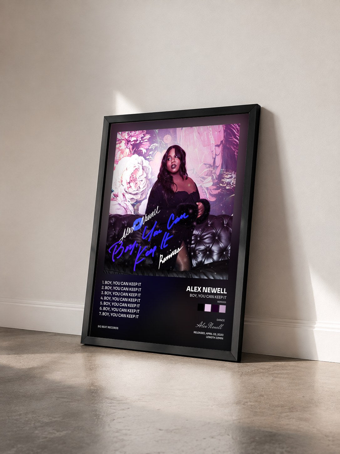 #noir Tableau de l'album Boy, You Can Keep It (Remixes) de Alex Newell vu de trois quarts, cadre noir