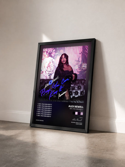 #noir Tableau de l'album Boy, You Can Keep It (Remixes) de Alex Newell vu de trois quarts, cadre noir