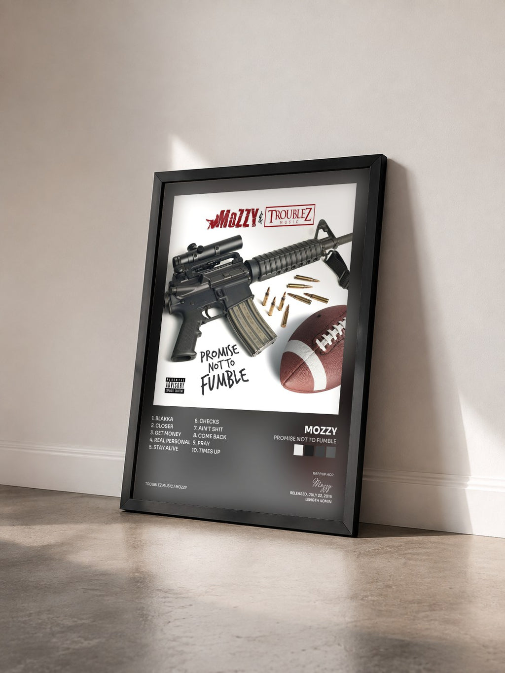 #noir Tableau de l'album Promise Not to Fumble de Mozzy vu de trois quarts, cadre noir