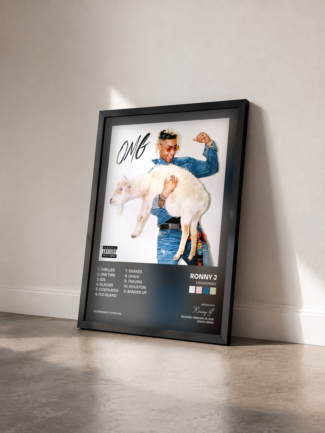 #noir Tableau de l'album OMGRONNY de Ronny J vu de trois quarts, cadre noir