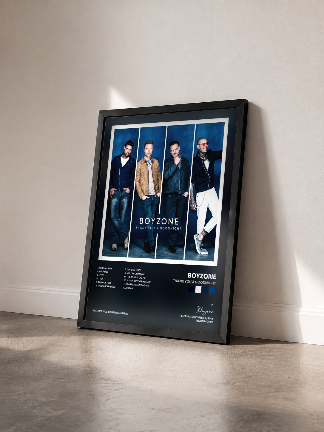 #noir Tableau de l'album Thank You & Goodnight de Boyzone vu de trois quarts, cadre noir