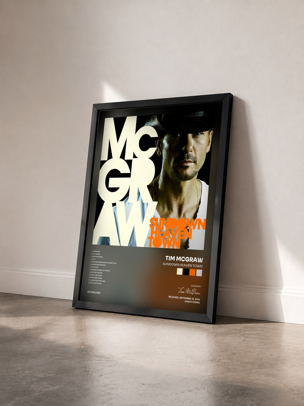 #noir Tableau de l'album Sundown Heaven Town de Tim McGraw vu de trois quarts, cadre noir