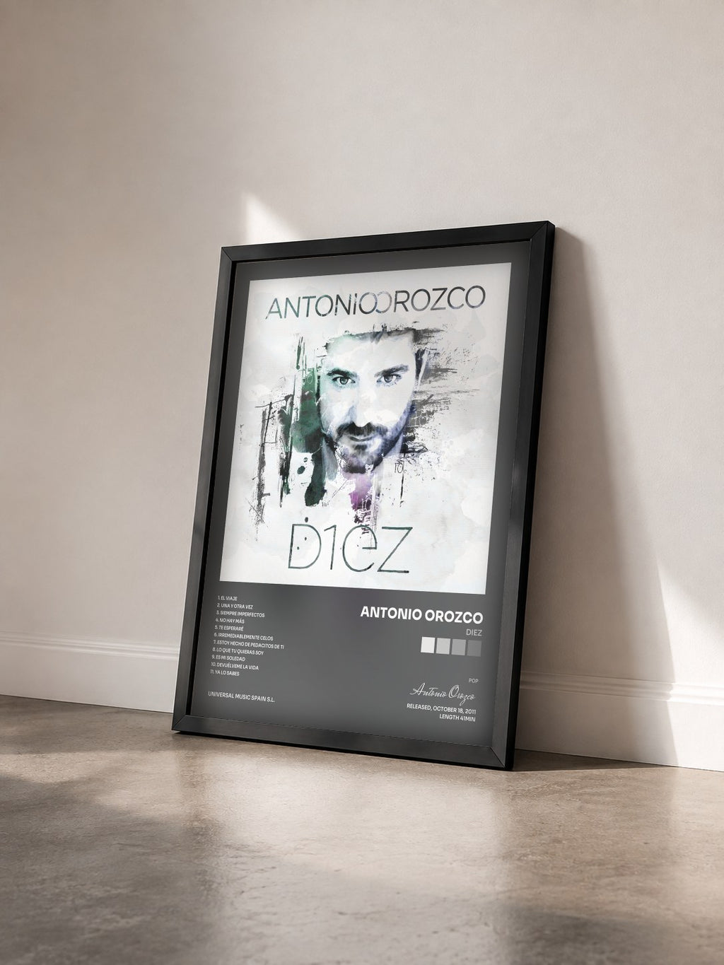 #noir Tableau de l'album Diez de Antonio Orozco vu de trois quarts, cadre noir