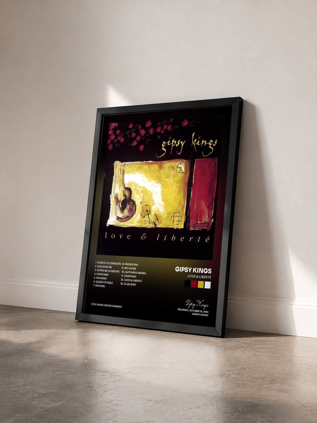 #noir Tableau de l'album Love & Liberté de Gipsy Kings vu de trois quarts, cadre noir