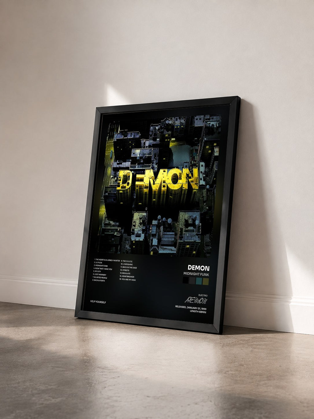 #noir Tableau de l'album Midnight Funk de DEMON vu de trois quarts, cadre noir