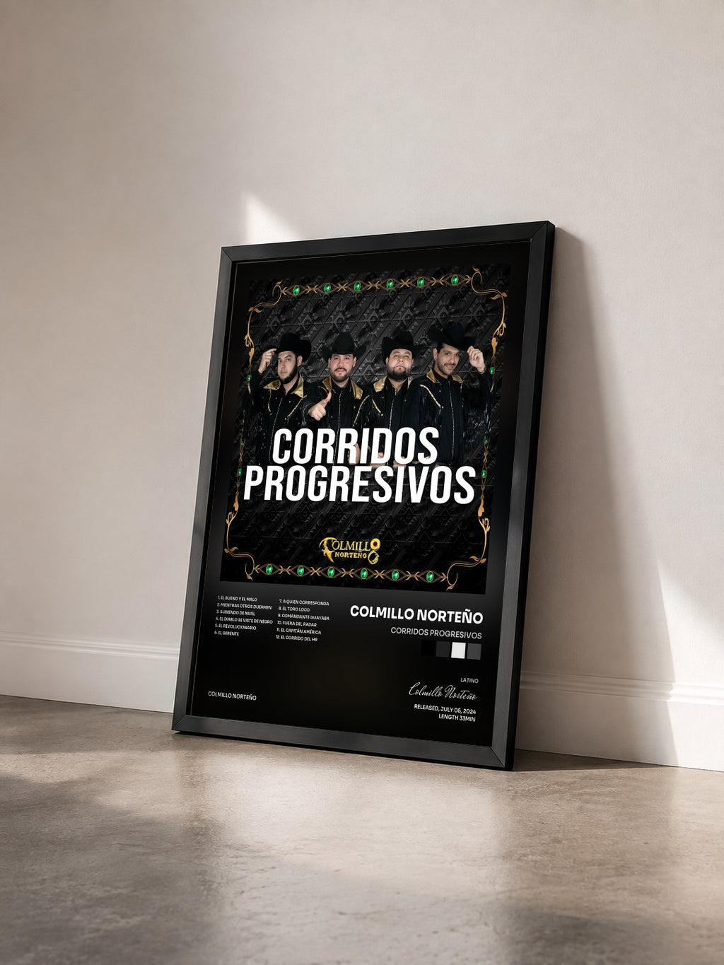 #noir Tableau de l'album Corridos Progresivos de Colmillo Norteño vu de trois quarts, cadre noir