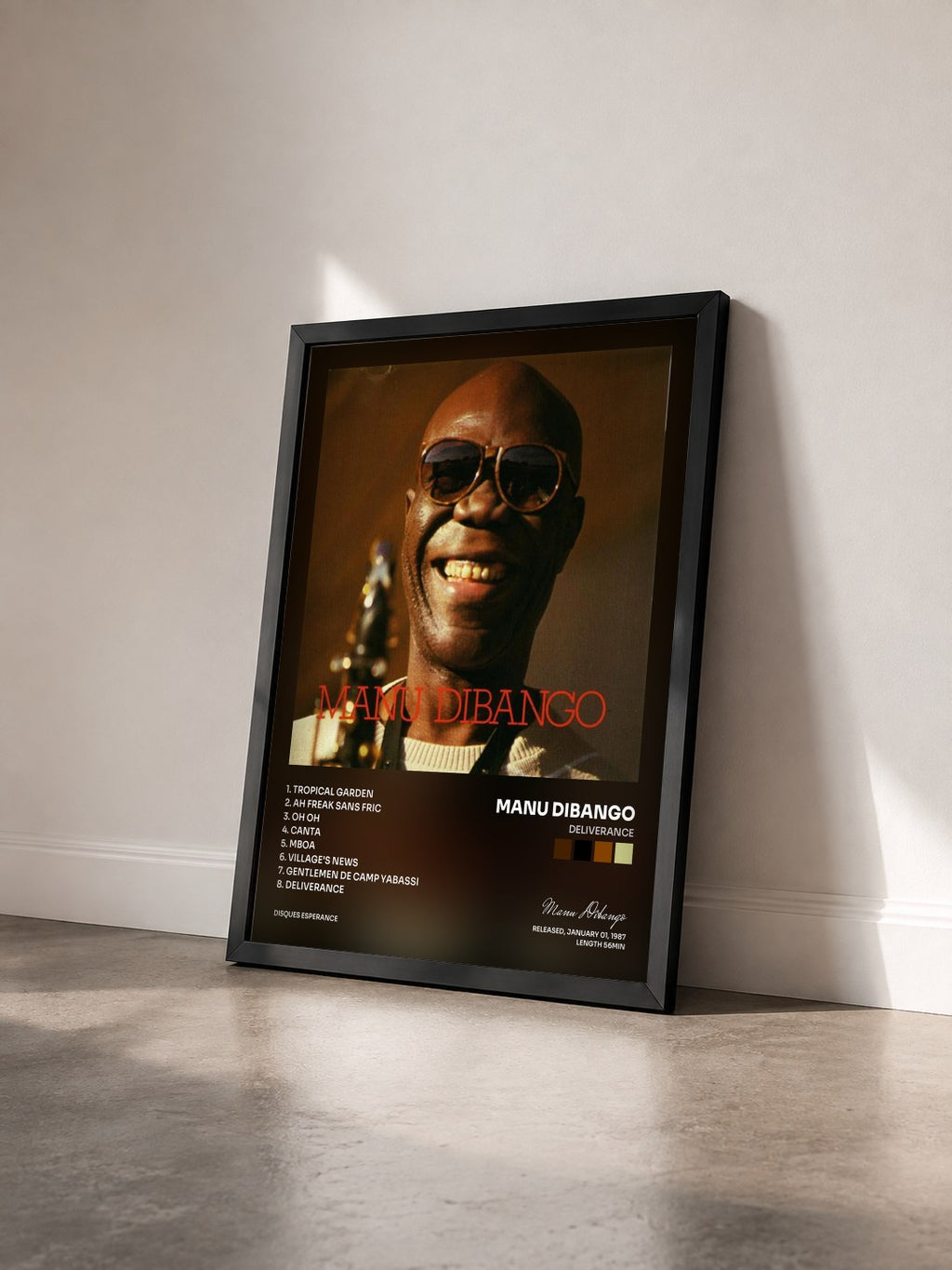 #noir Tableau de l'album Deliverance de Manu Dibango vu de trois quarts, cadre noir