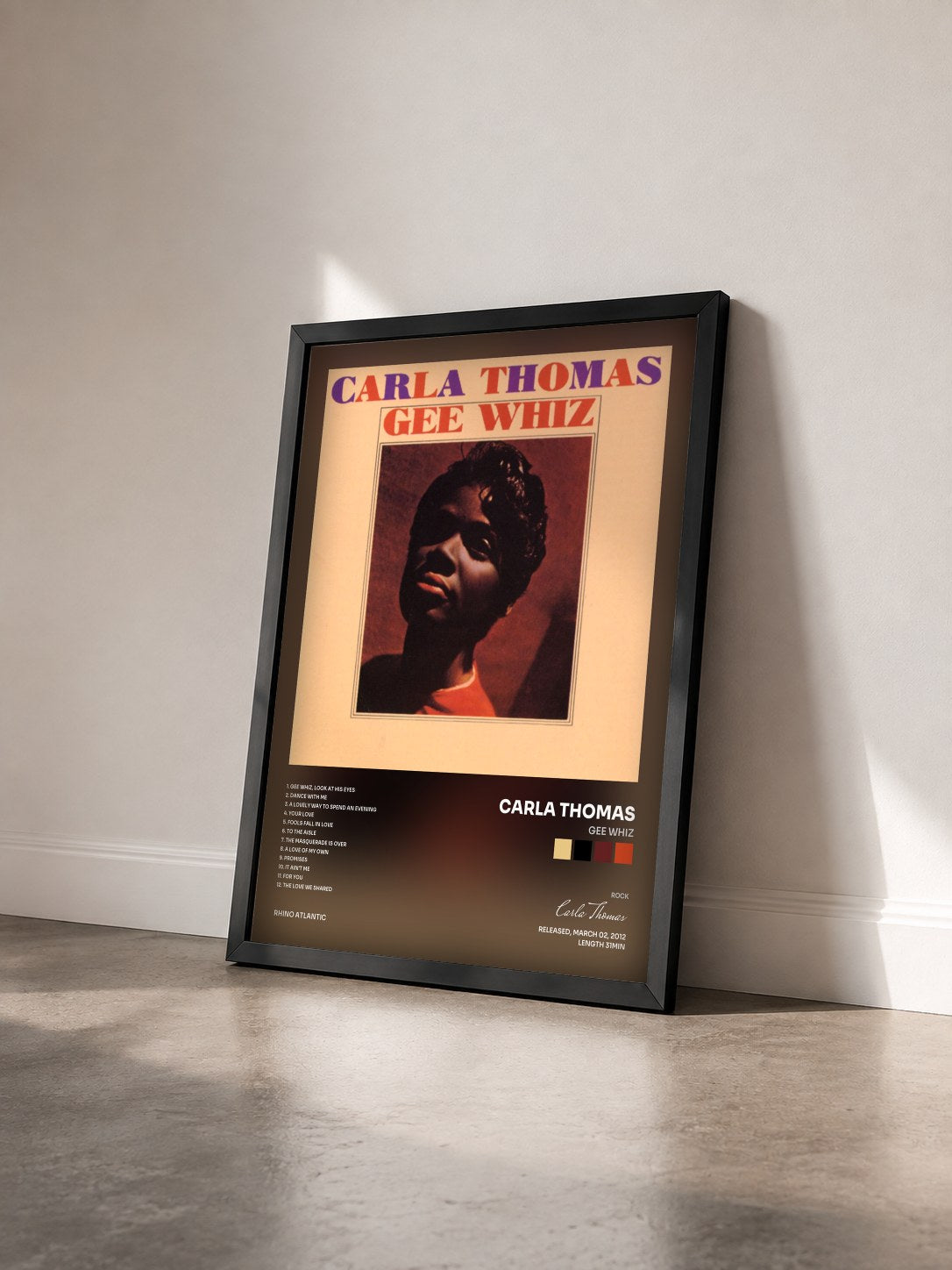#noir Tableau de l'album Gee Whiz de Carla Thomas vu de trois quarts, cadre noir