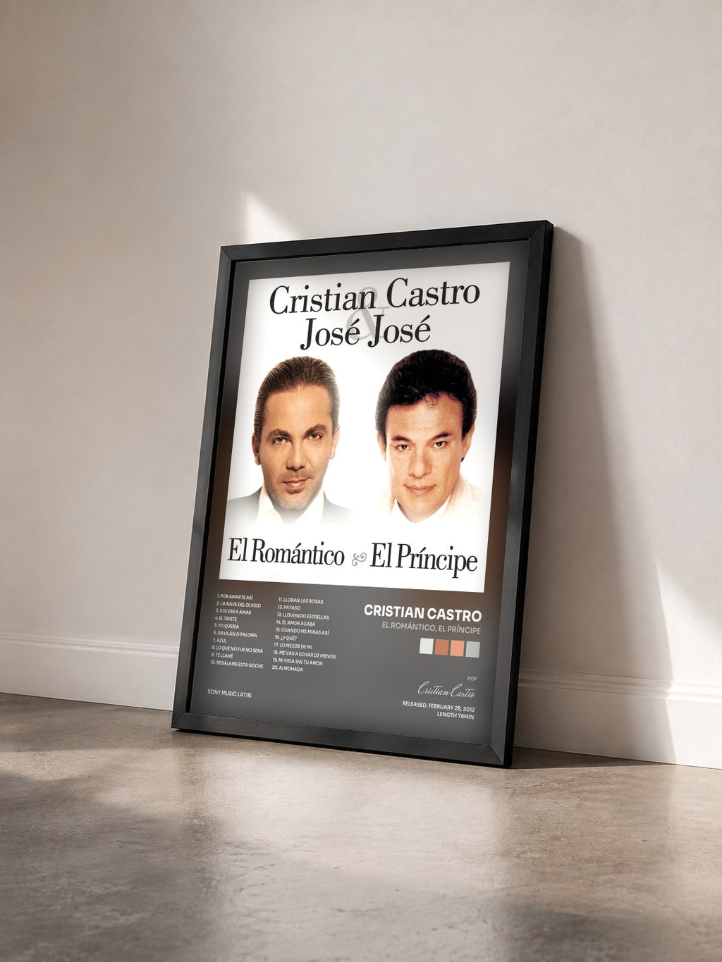 #noir Tableau de l'album El Romántico, El Príncipe de Cristian Castro vu de trois quarts, cadre noir