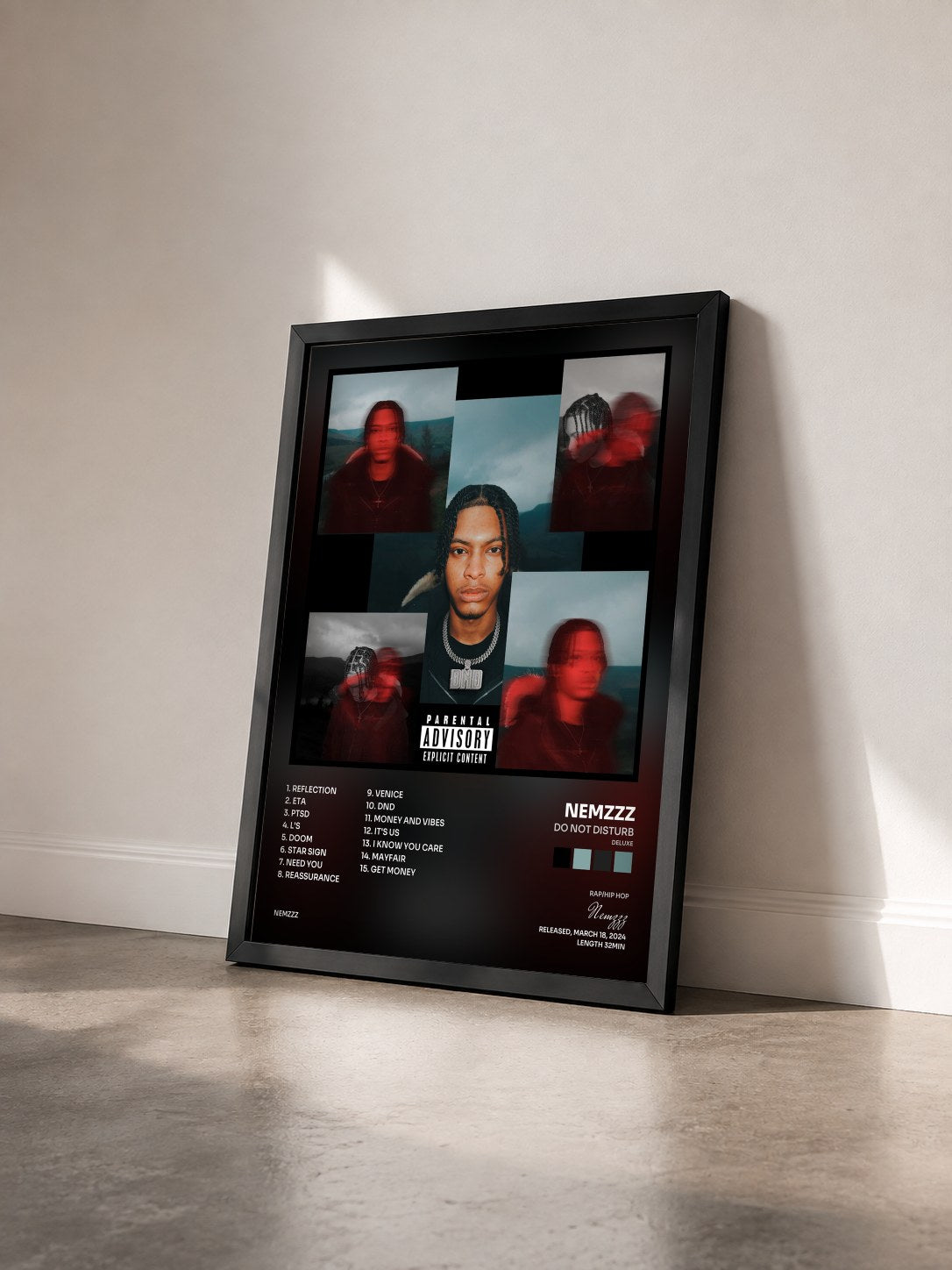 #noir Tableau de l'album DO NOT DISTURB (DELUXE) de Nemzzz vu de trois quarts, cadre noir