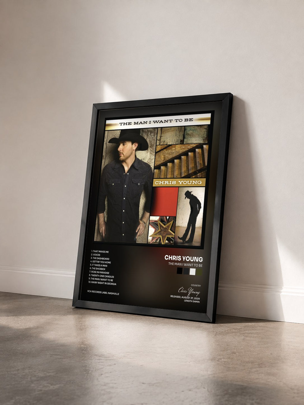 #noir Tableau de l'album The Man I Want To Be de Chris Young vu de trois quarts, cadre noir