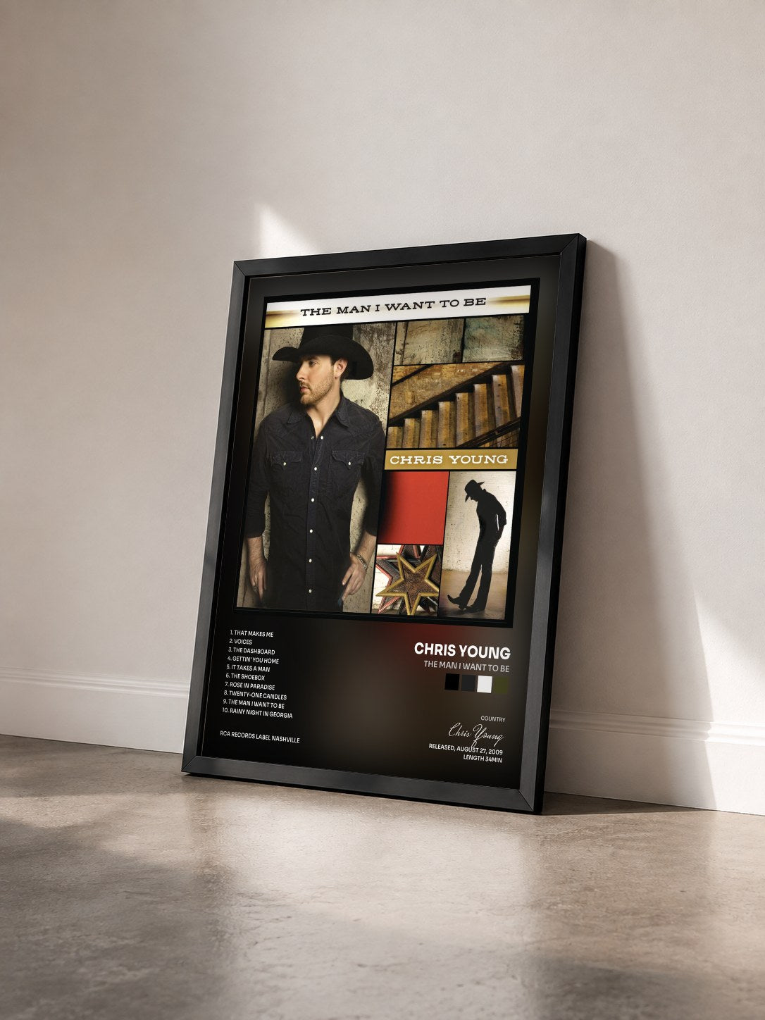 #noir Tableau de l'album The Man I Want To Be de Chris Young vu de trois quarts, cadre noir
