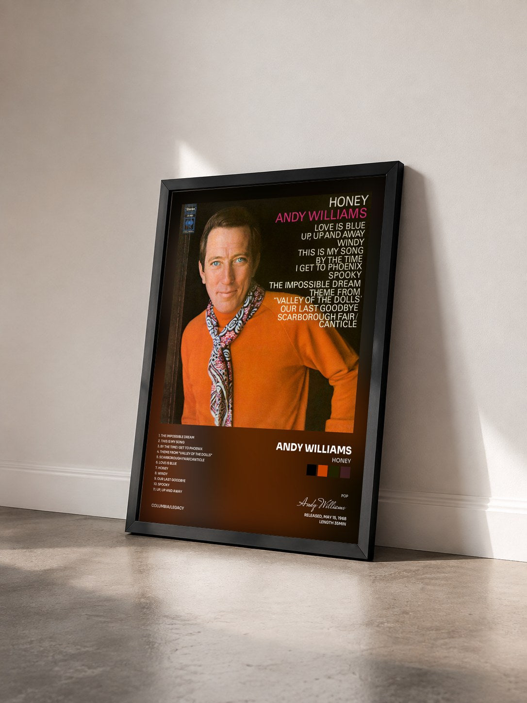 #noir Tableau de l'album Honey de Andy Williams vu de trois quarts, cadre noir