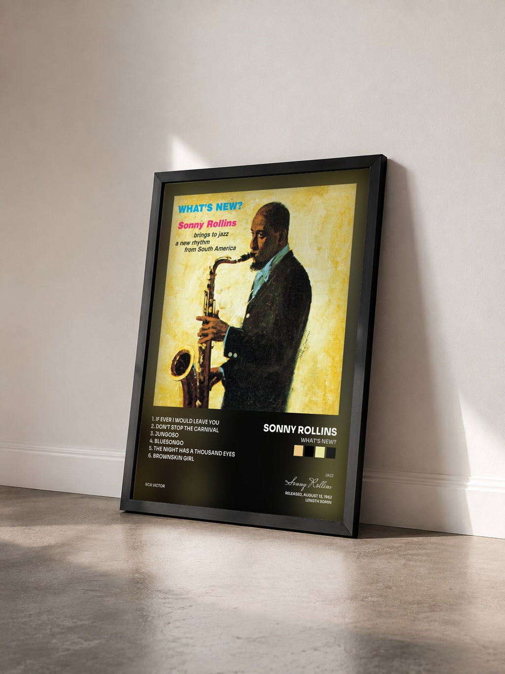 #noir Tableau de l'album What's New? de Sonny Rollins vu de trois quarts, cadre noir