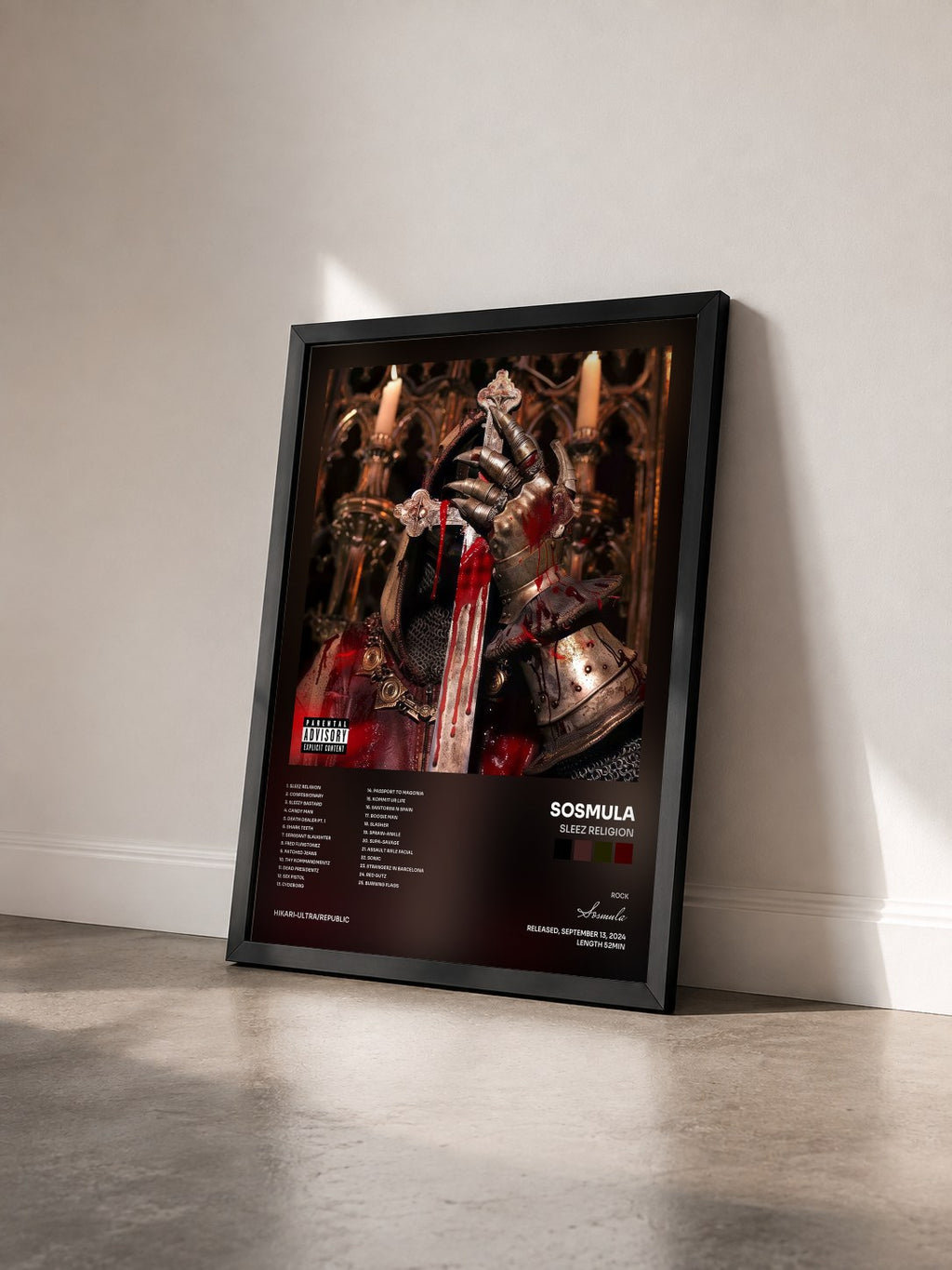 #noir Tableau de l'album SLEEZ RELIGION de Sosmula vu de trois quarts, cadre noir