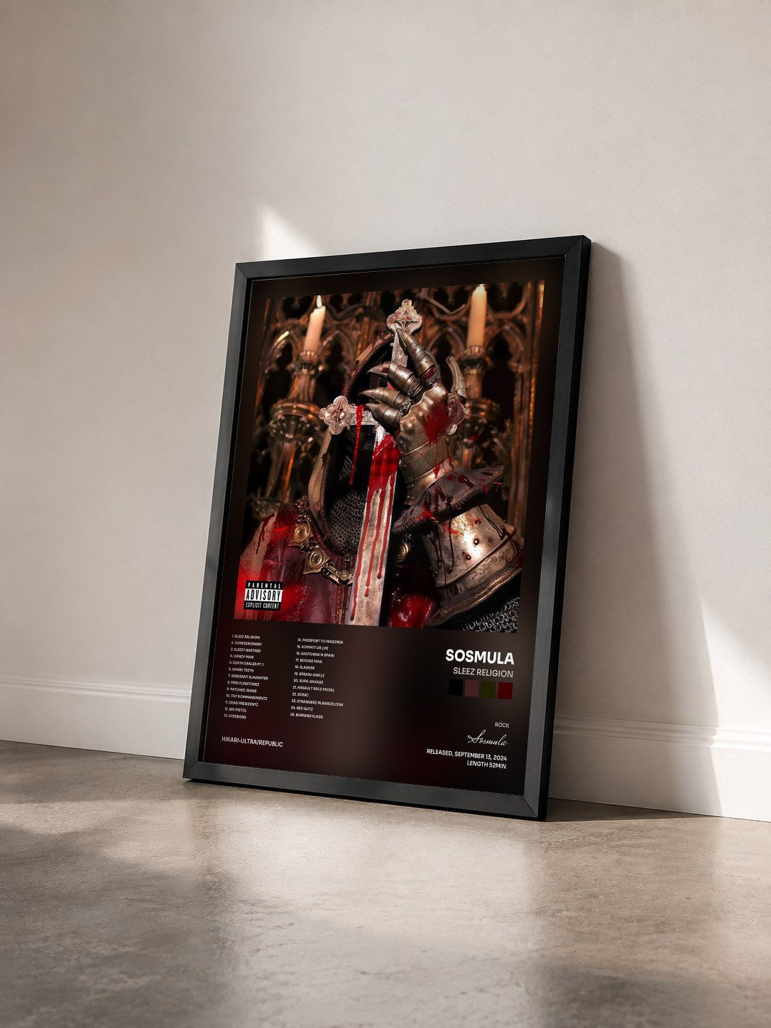 #noir Tableau de l'album SLEEZ RELIGION de Sosmula vu de trois quarts, cadre noir