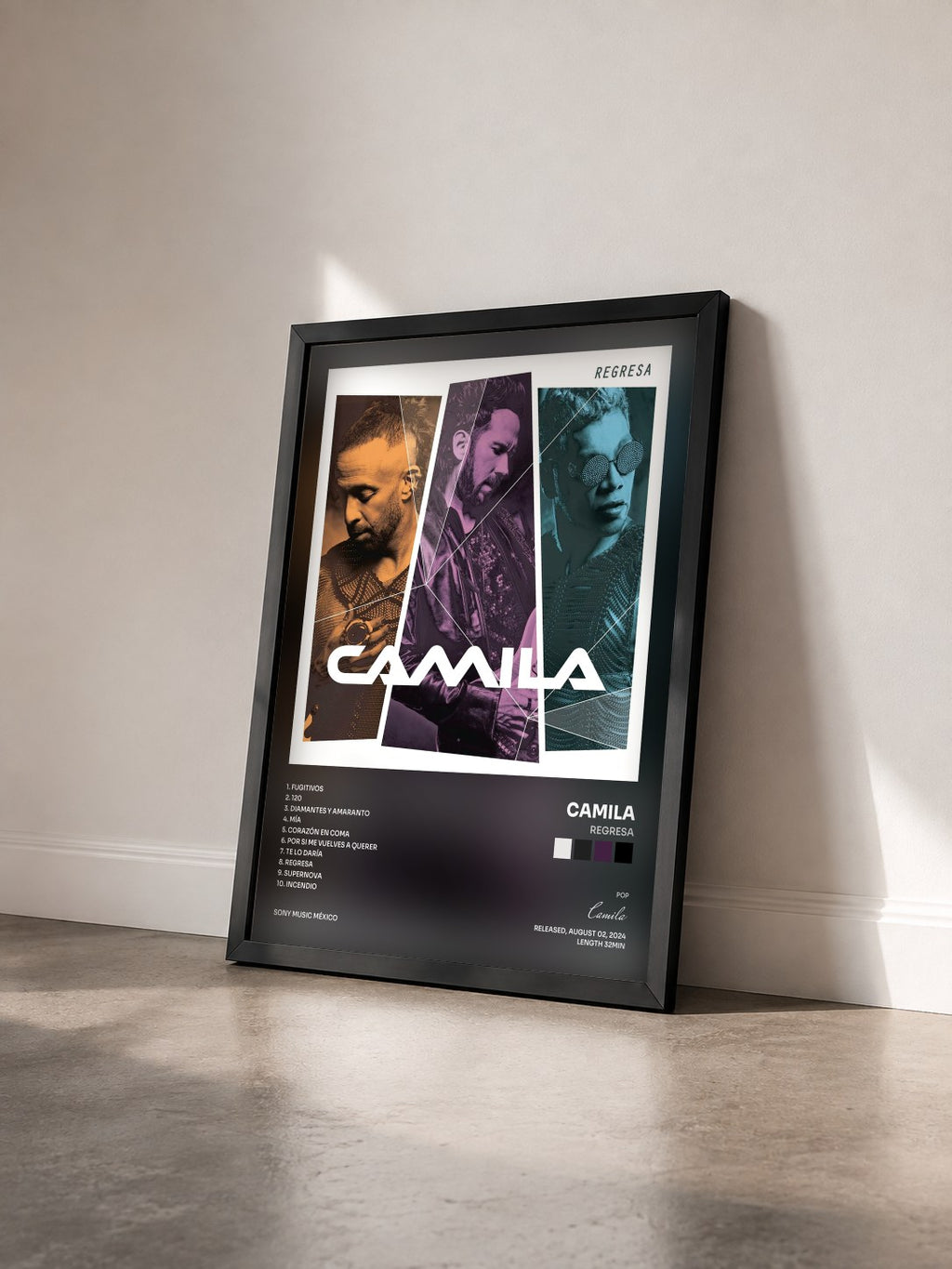 #noir Tableau de l'album Regresa de Camila vu de trois quarts, cadre noir