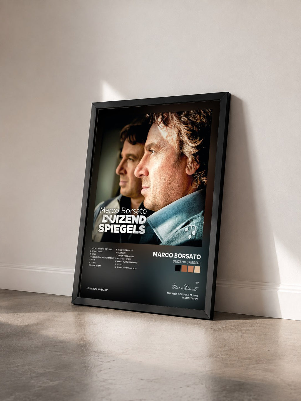 #noir Tableau de l'album Duizend Spiegels de Marco Borsato vu de trois quarts, cadre noir