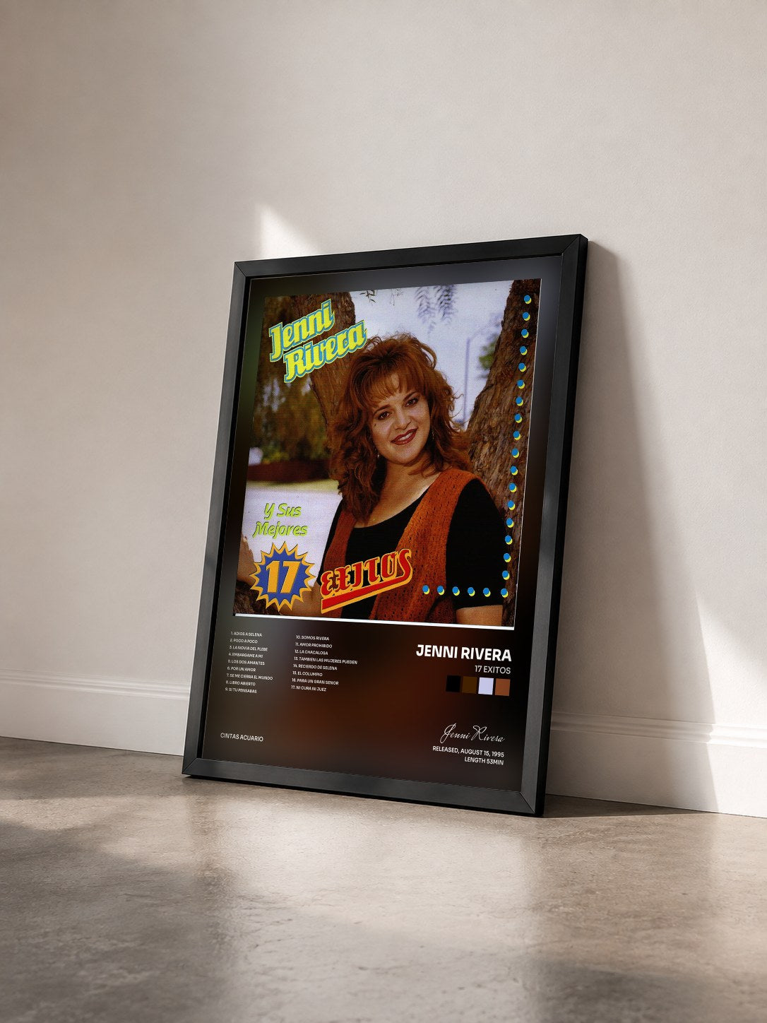 #noir Tableau de l'album 17 Exitos de Jenni Rivera vu de trois quarts, cadre noir