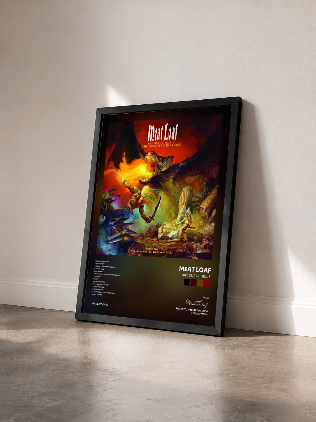 #noir Tableau de l'album Bat Out Of Hell 3 de Meat Loaf vu de trois quarts, cadre noir