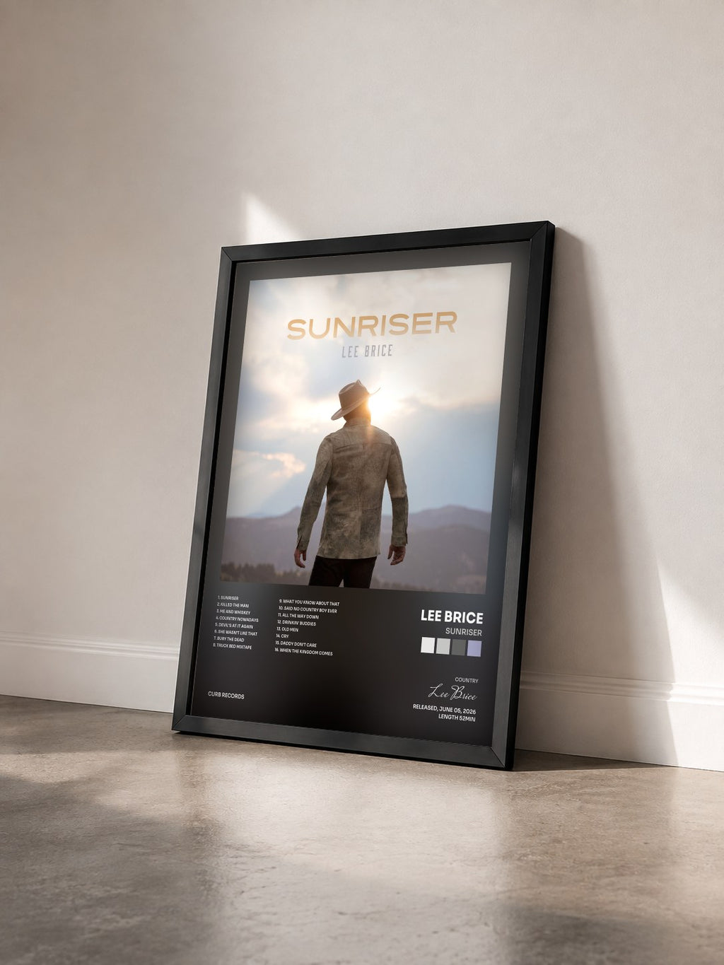 #noir Tableau de l'album Sunriser de Lee Brice vu de trois quarts, cadre noir