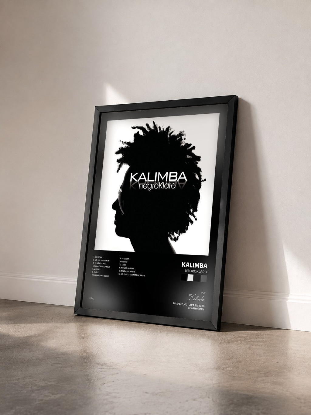 #noir Tableau de l'album Negroklaro de Kalimba vu de trois quarts, cadre noir