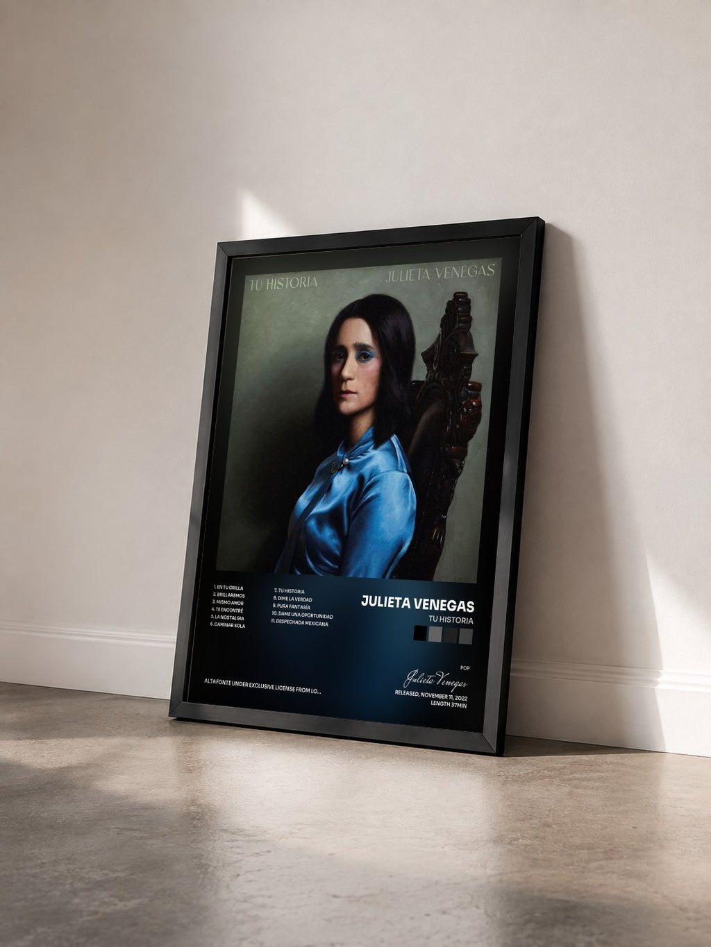 #noir Tableau de l'album Tu Historia de Julieta Venegas vu de trois quarts, cadre noir