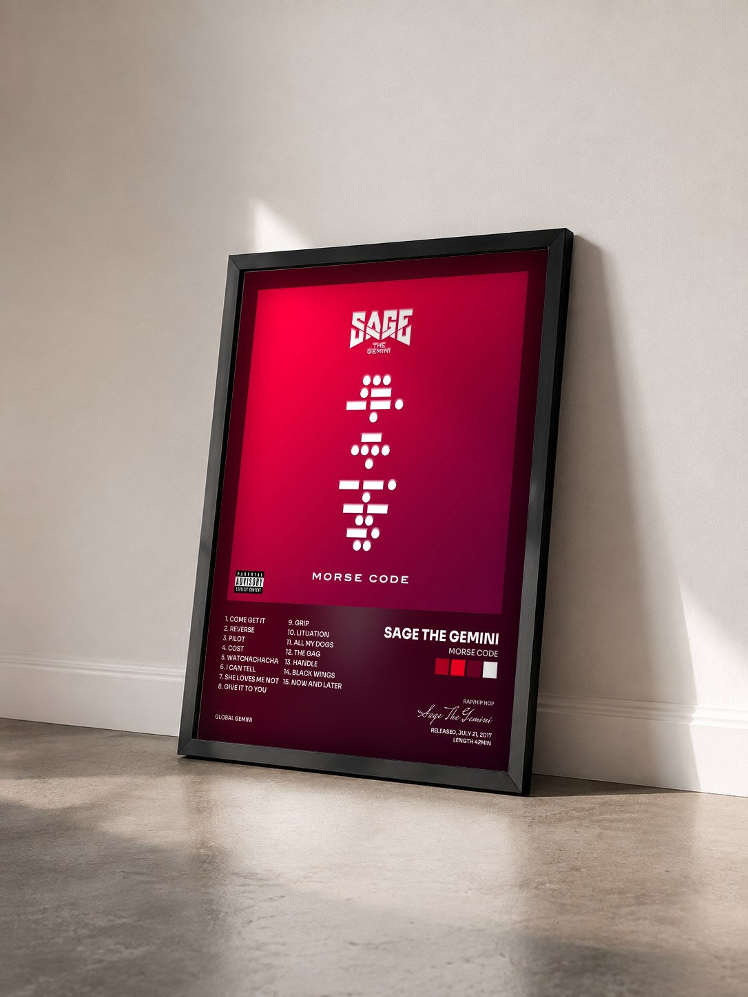 #noir Tableau de l'album Morse Code de Sage The Gemini vu de trois quarts, cadre noir