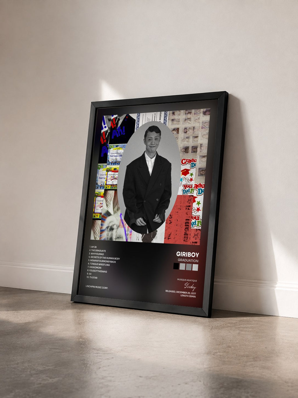 #noir Tableau de l'album Graduation de Giriboy vu de trois quarts, cadre noir