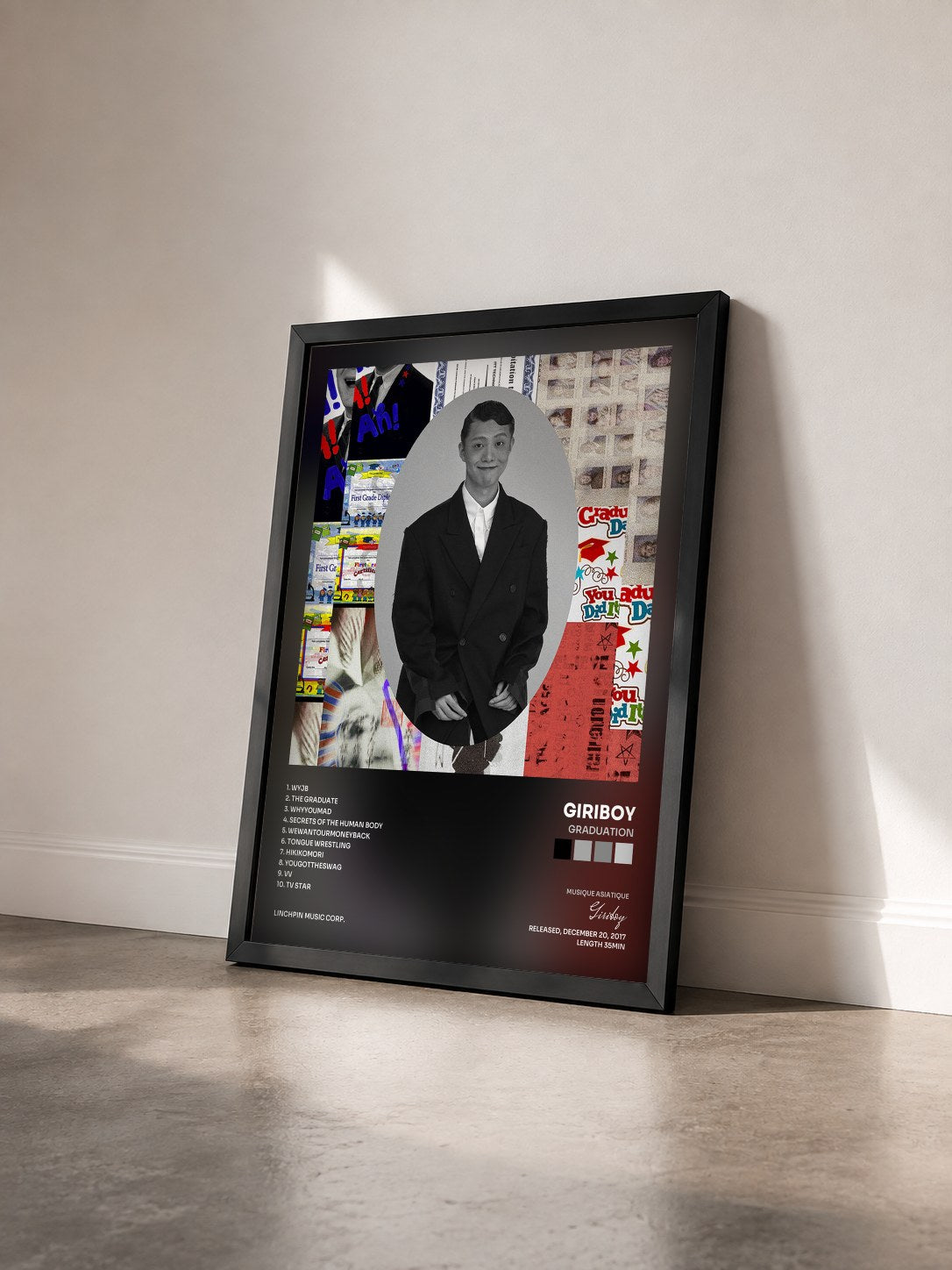 #noir Tableau de l'album Graduation de Giriboy vu de trois quarts, cadre noir
