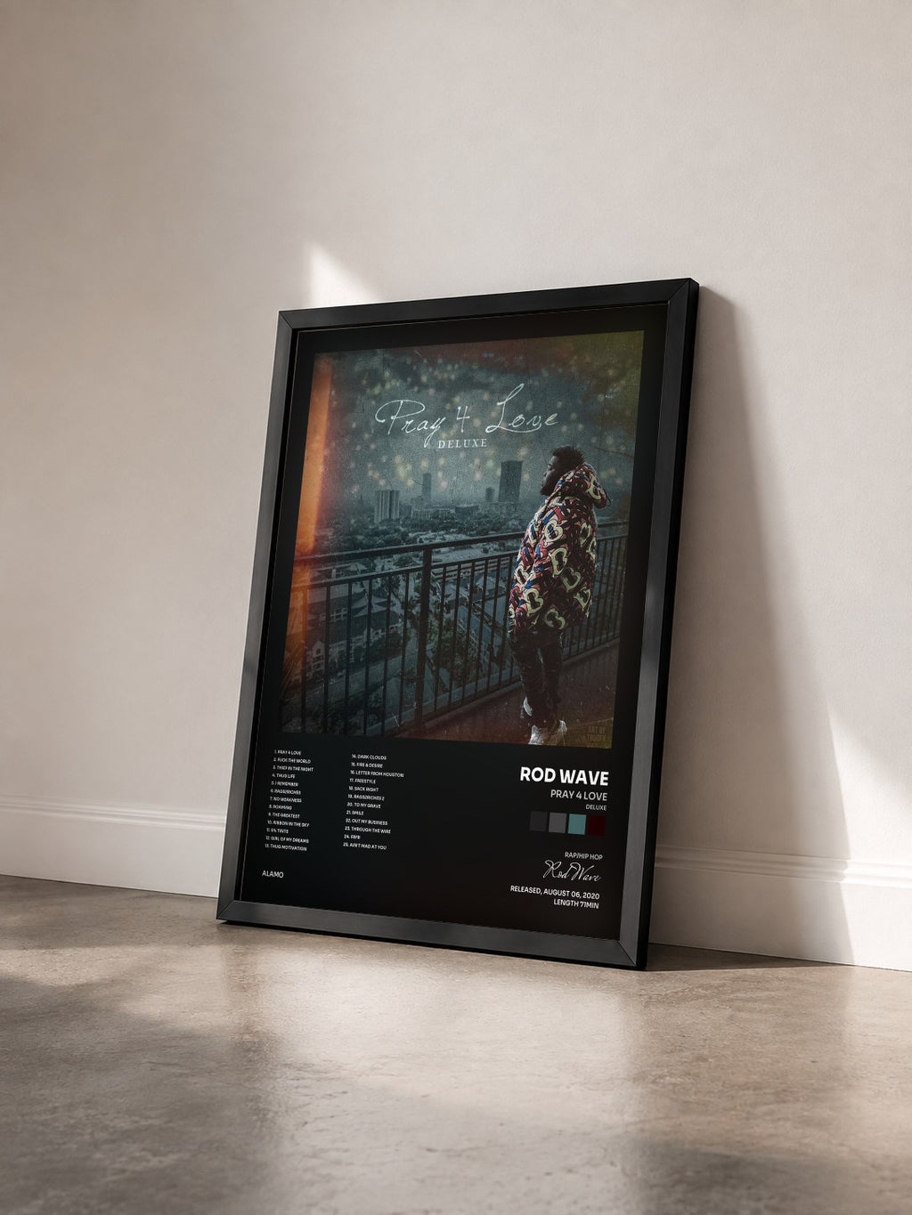 #noir Tableau de l'album Pray 4 Love (Deluxe) de Rod Wave vu de trois quarts, cadre noir