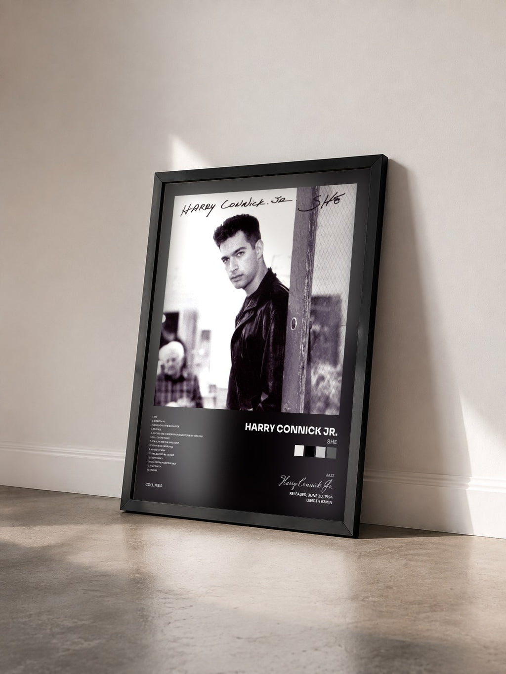 #noir Tableau de l'album She de Harry Connick Jr. vu de trois quarts, cadre noir
