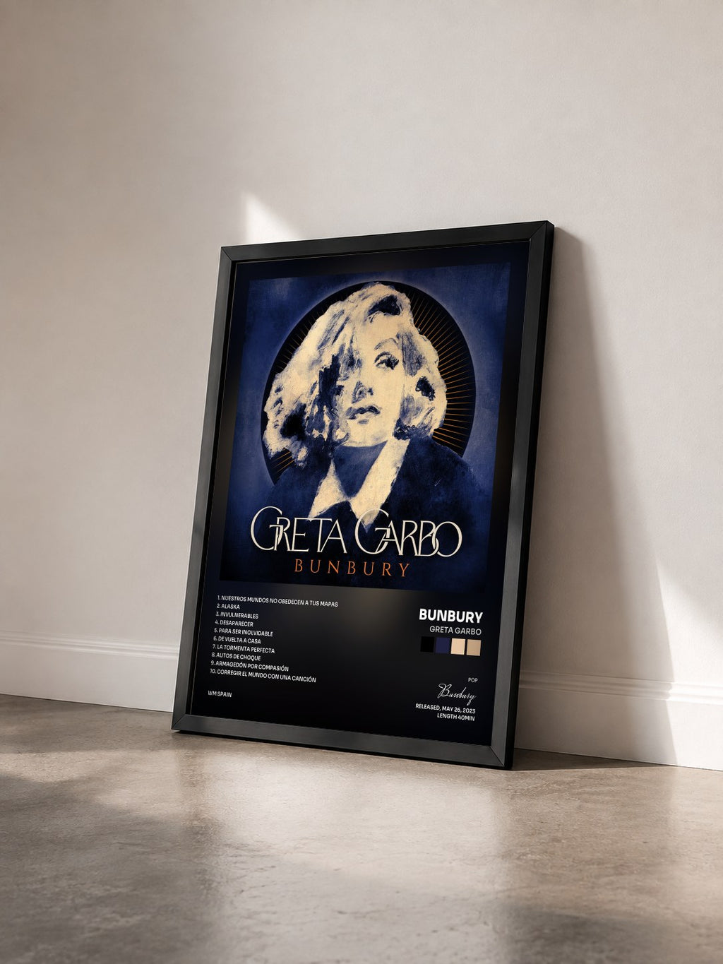 #noir Tableau de l'album Greta Garbo de Bunbury vu de trois quarts, cadre noir