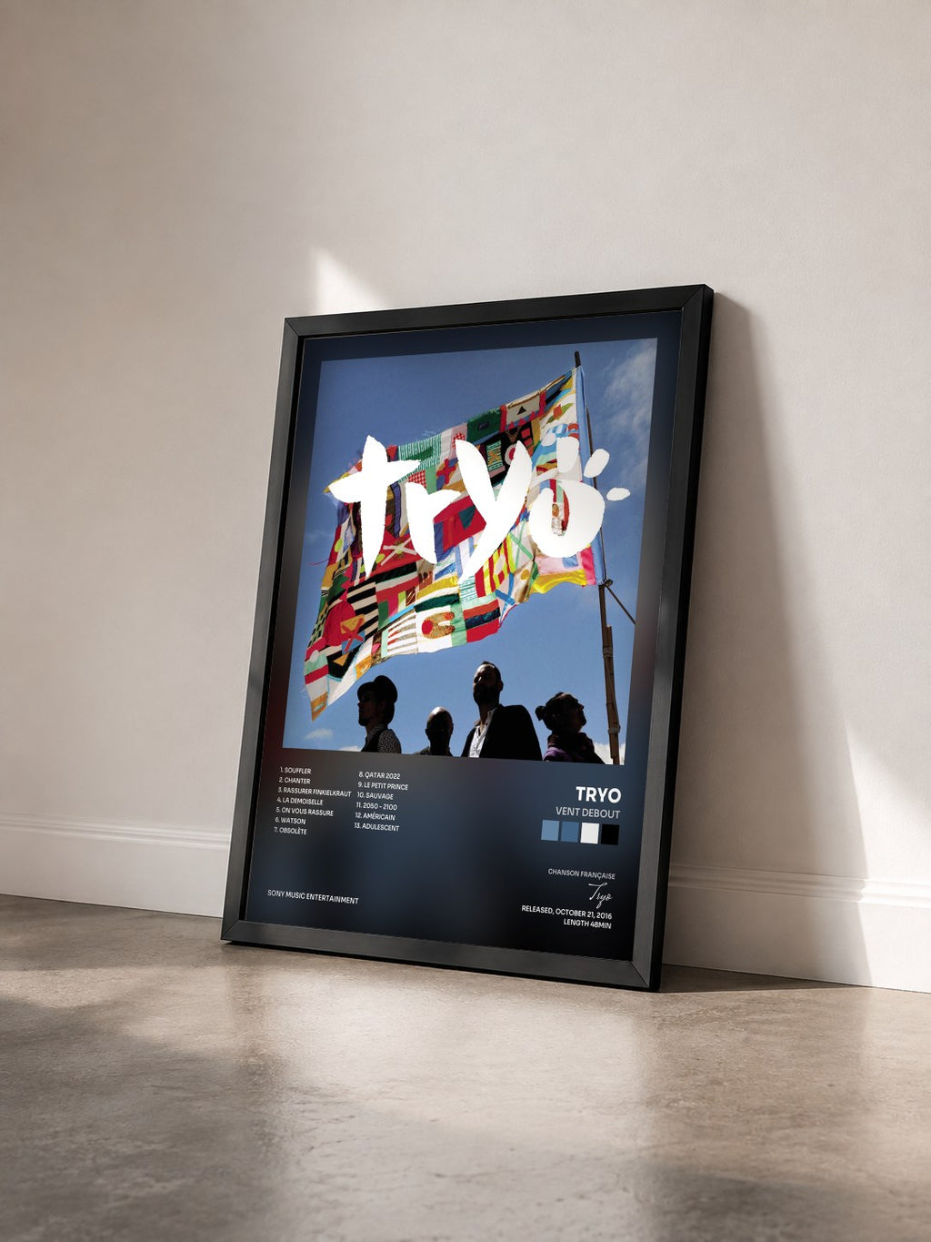 #noir Tableau de l'album Vent debout de Tryo vu de trois quarts, cadre noir