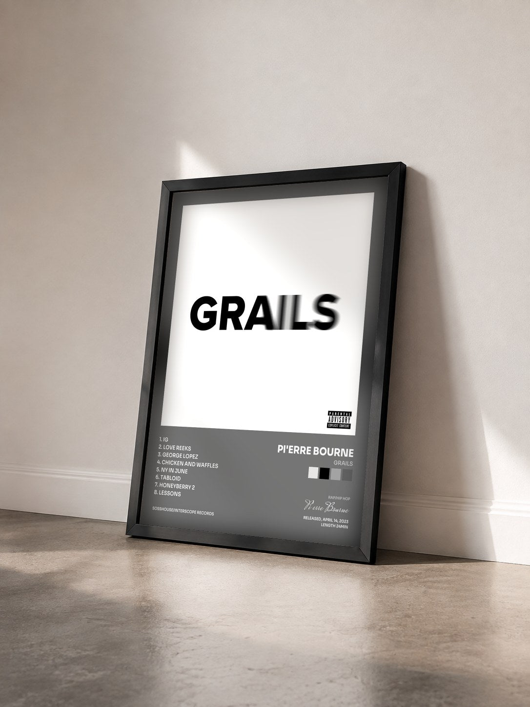 #noir Tableau de l'album Grails de Pi'erre Bourne vu de trois quarts, cadre noir