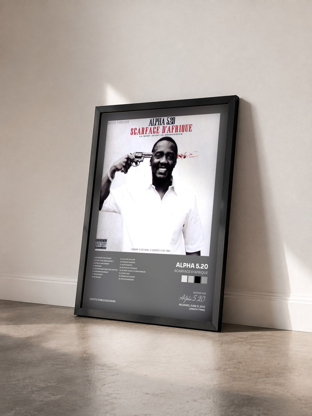 #noir Tableau de l'album Scarface d'Afrique de Alpha 5.20 vu de trois quarts, cadre noir