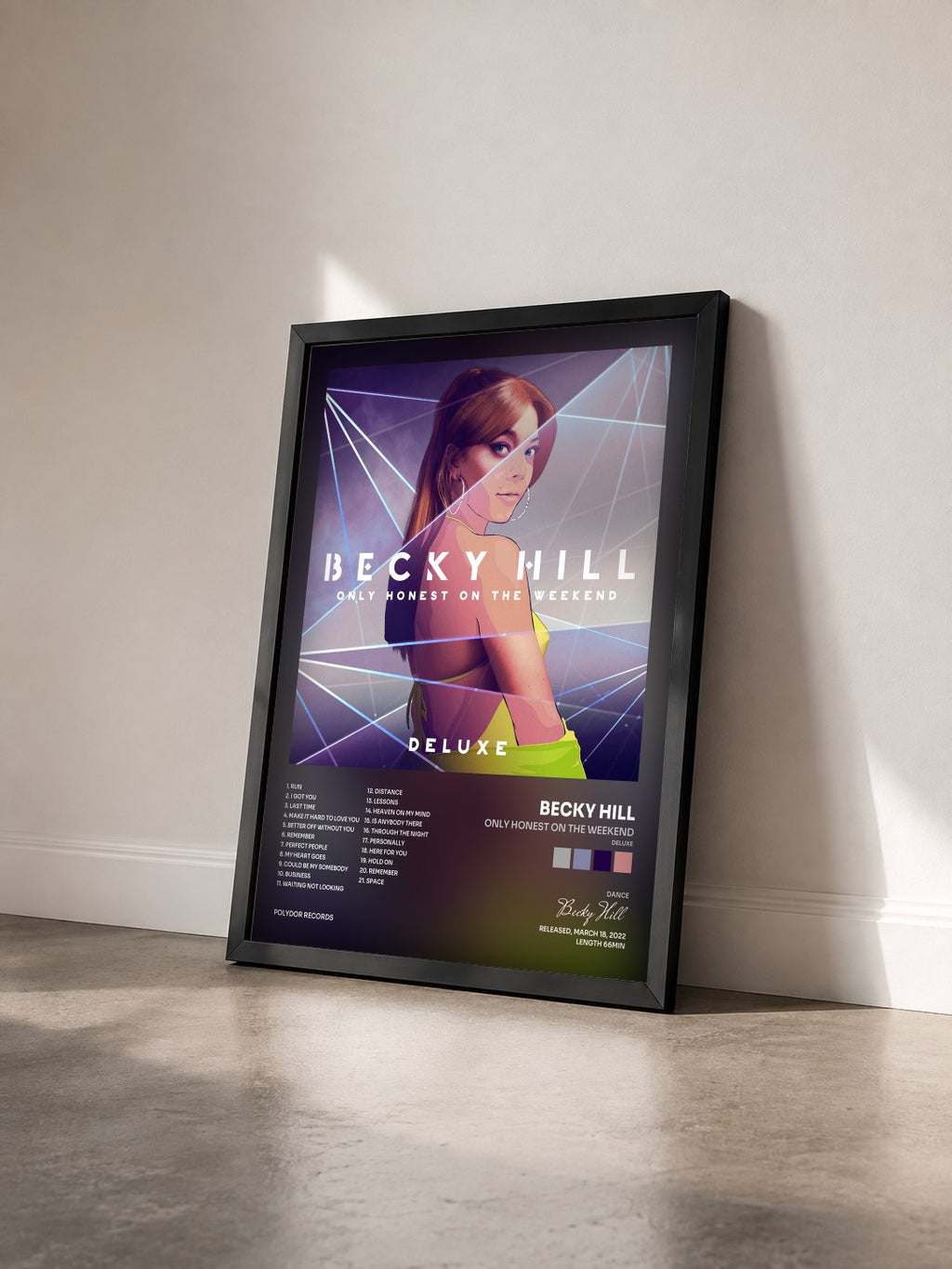 #noir Tableau de l'album Only Honest On The Weekend (Deluxe) de Becky Hill vu de trois quarts, cadre noir