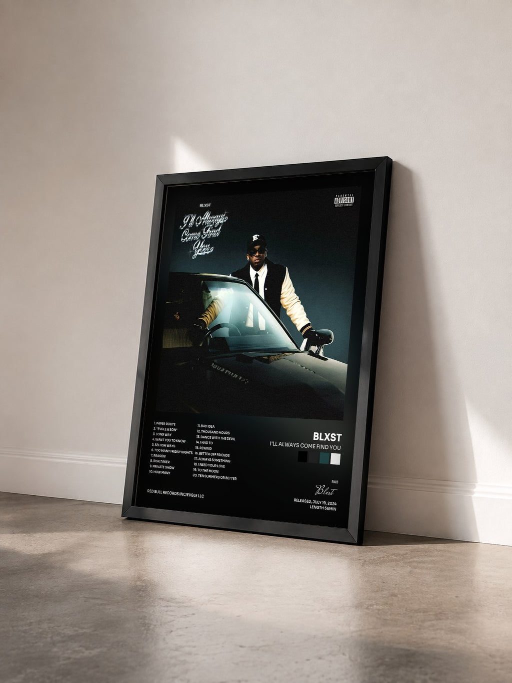 #noir Tableau de l'album I'll Always Come Find You de Blxst vu de trois quarts, cadre noir