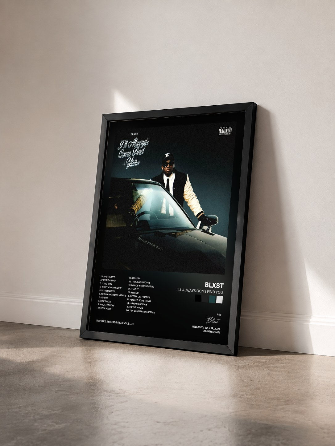 #noir Tableau de l'album I'll Always Come Find You de Blxst vu de trois quarts, cadre noir