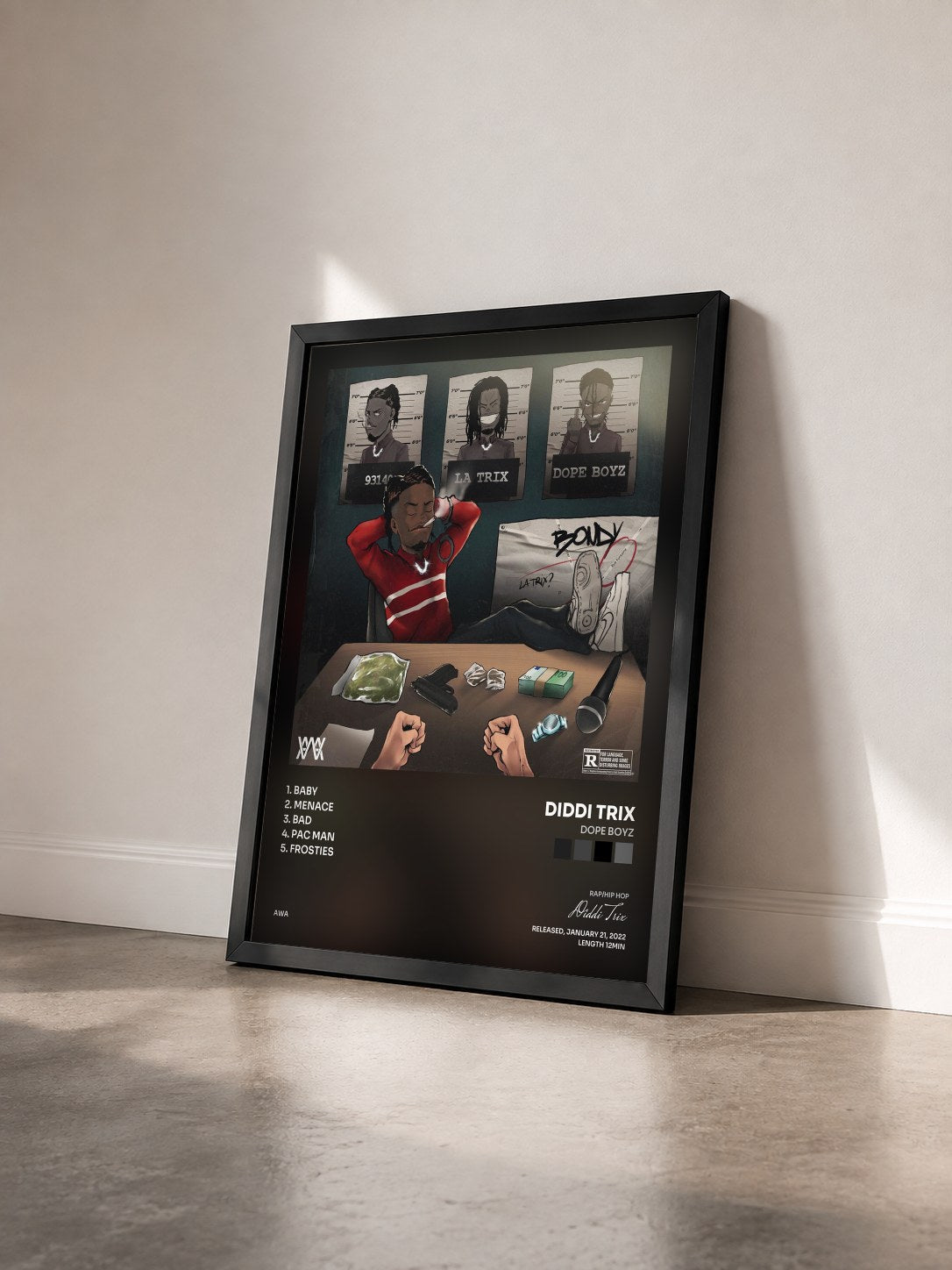 #noir Tableau de l'album Dope Boyz de Diddi Trix vu de trois quarts, cadre noir
