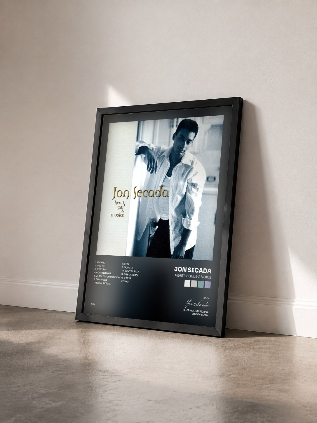 #noir Tableau de l'album Heart, Soul & A Voice de Jon Secada vu de trois quarts, cadre noir