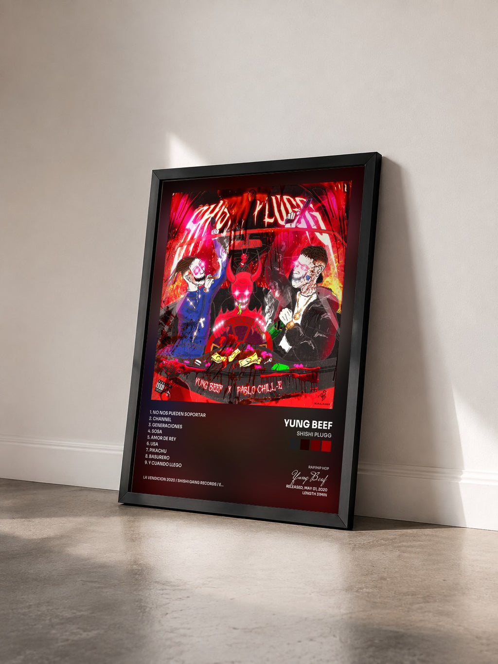 #noir Tableau de l'album Shishi Plugg de Yung Beef vu de trois quarts, cadre noir