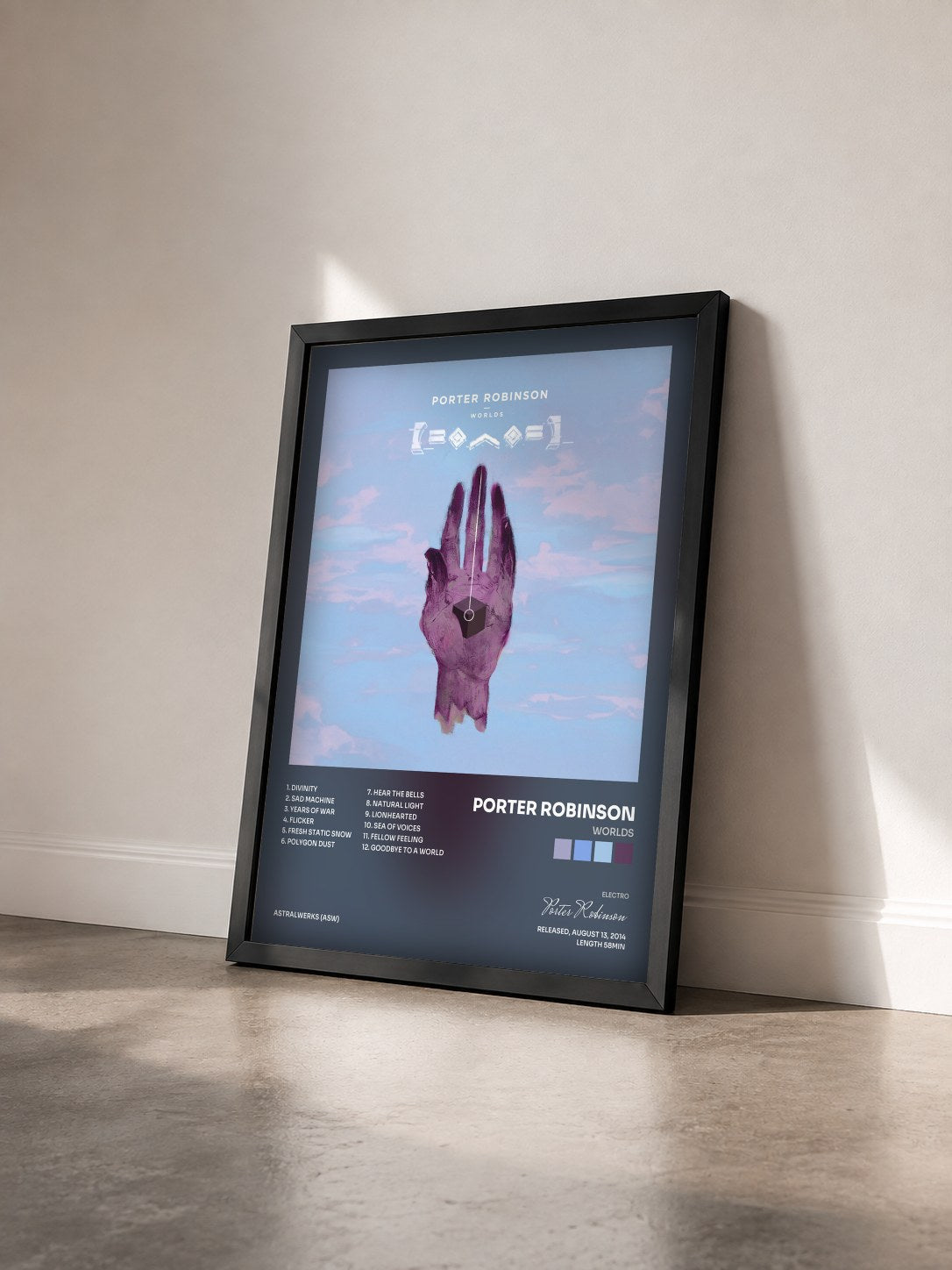 #noir Tableau de l'album Worlds de Porter Robinson vu de trois quarts, cadre noir